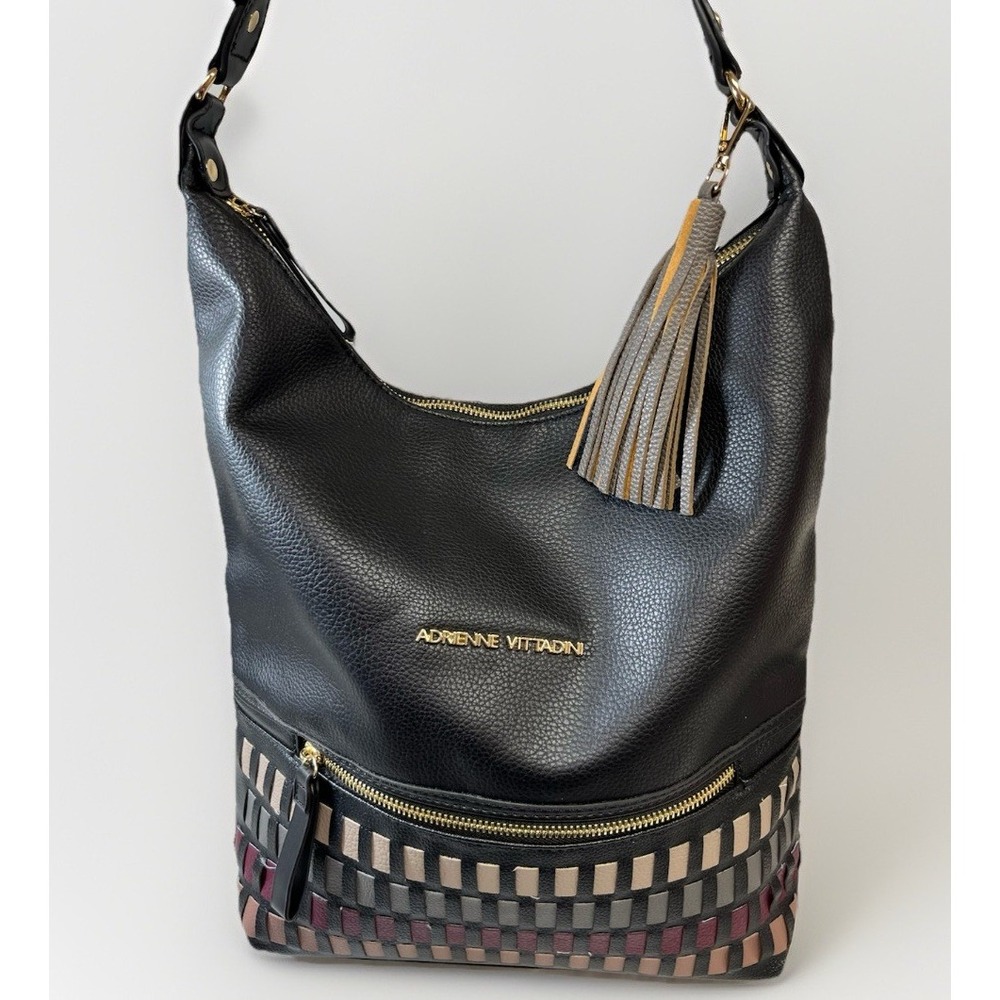 Adrienne Vittadini Faux Leather Hobo Shoulder Bag Purse Handbag Fringe Tassel - Picture 4 of 12